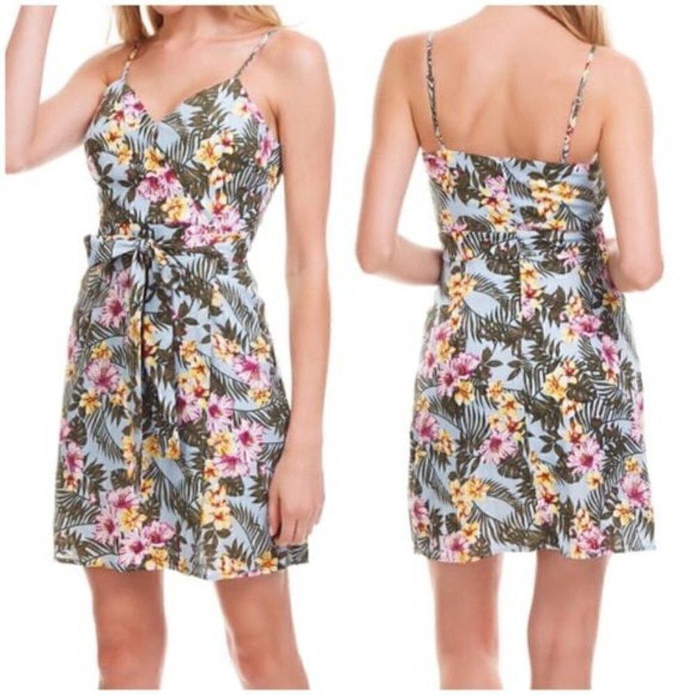 NWT JOA Tropical Print Mini Dress Sleeveless Faux Wrap Floral Hibiscus Sz S